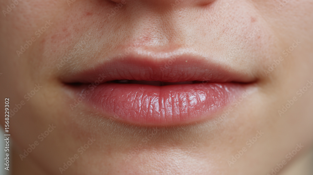Obraz premium Close up of lips with cold sore scarring on philtrum area showing natural skin texture and slight redness, highlighting delicate lip detail and skin condition