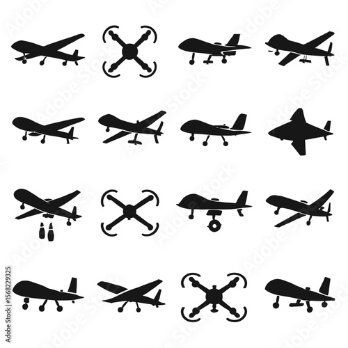 Silhouette Collection of Various Drone and Airplane Designs in Flight and Landing