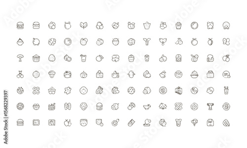 A  collection of thin line vector illustration icons in black different food-related concepts, such as burgers, fruits, drinks, meals, easily editable and scalable.