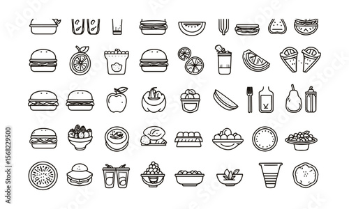 A  collection of thin line vector illustration icons in black different food-related concepts, such as burgers, fruits, drinks, meals, easily editable and scalable.