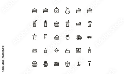 A  collection of thin line vector illustration icons in black different food-related concepts, such as burgers, fruits, drinks, meals, easily editable and scalable.