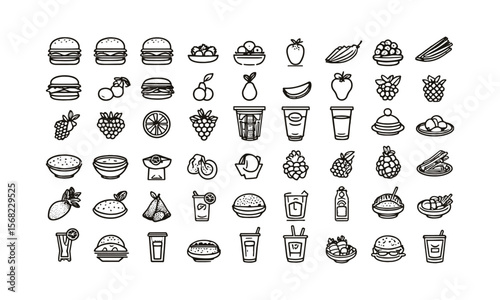 A  collection of thin line vector illustration icons in black different food-related concepts, such as burgers, fruits, drinks, meals, easily editable and scalable.