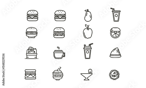 A  collection of thin line vector illustration icons in black different food-related concepts, such as burgers, fruits, drinks, meals, easily editable and scalable.