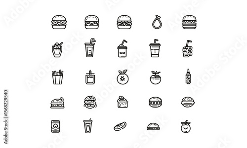 A  collection of thin line vector illustration icons in black different food-related concepts, such as burgers, fruits, drinks, meals, easily editable and scalable.