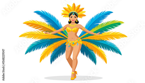 Vibrant Brazilian Carnival Dancer in Colorful Feather Costume