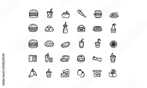 A  collection of thin line vector illustration icons in black different food-related concepts, such as burgers, fruits, drinks, meals, easily editable and scalable.