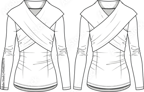 Flat fashion sketch of women's long sleeve wrap top design, technical drawing, front and back view for clothing manufacturing or fashion illustration