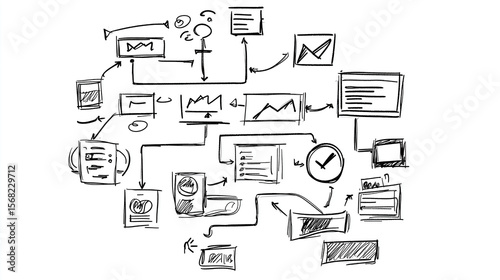 Product development pipeline sketch on whiteboard with flowchart, arrows, charts, clock, and notes illustrating planning and process steps in black ink