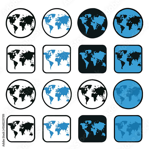 Sixteen stylized world map icons with varying color schemes and shapes