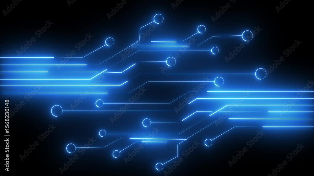 Glowing Neon Circuit Lines Animation.Animated Glowing blue Neon Circuit Board Lines.Glowing Electronic Pathways for Tech Design, UI Elements, and Motion Graphics.Bright blu Electronic Connections