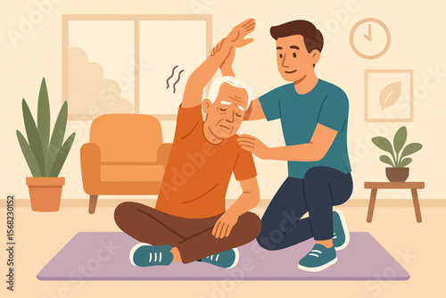 Flat vector illustration of elderly man with Parkinson’s disease exercising with trainer in supportive indoor space