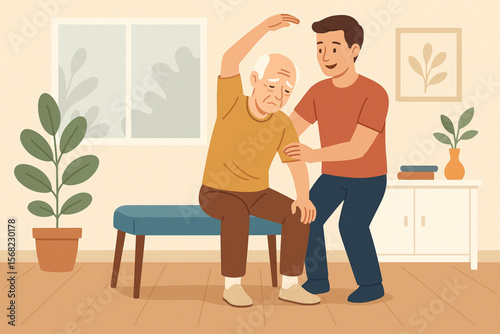 Flat vector illustration of elderly man with Parkinson’s disease exercising with trainer in supportive indoor space