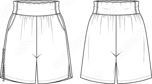 Technical flat sketch of casual drawstring shorts, front and back view, fashion illustration for garment design, template for clothing mockups, vector line art.
