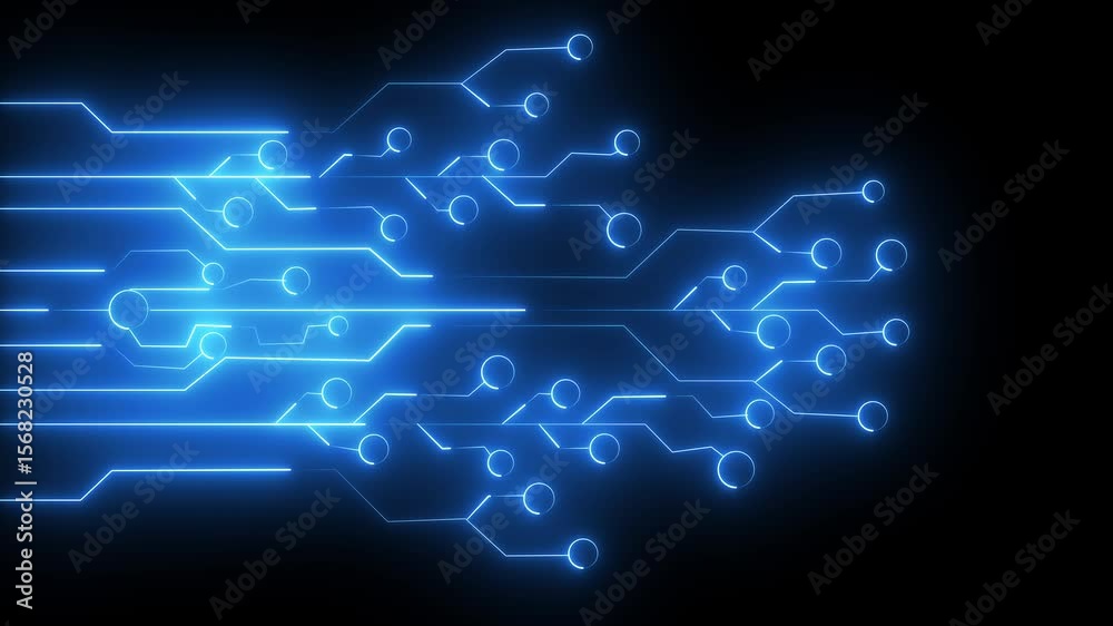 Glowing Neon Circuit Lines Animation.Animated Glowing blue Neon Circuit Board Lines.Glowing Electronic Pathways for Tech Design, UI Elements, and Motion Graphics.Bright blu Electronic Connections