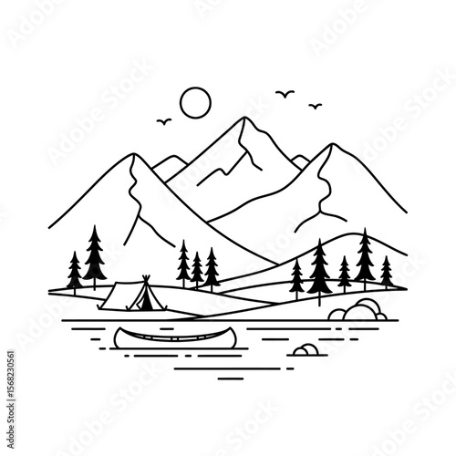 Minimalist line art of camping scene with mountains and canoe on lake