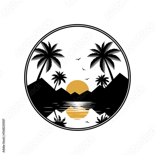 Palm trees silhouette at sunset over water with mountain backdrop