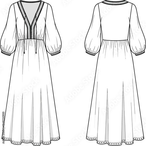 Long sleeve bohemian maxi dress fashion flat, front and back technical sketch, detailed dress design template, vector illustration for garment production