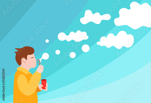 The boy blows bubbles that turn into clouds on a blue background. Vector conceptual illustration. 