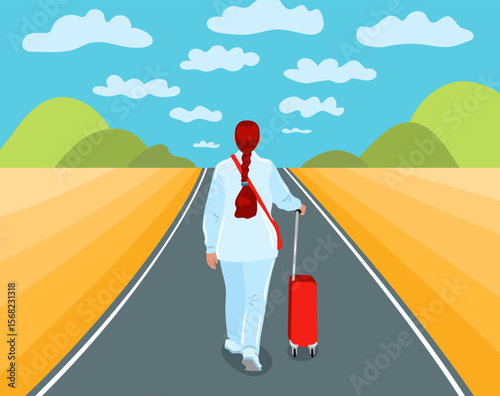 A girl with a red suitcase walks along the road among the fields. Vector conceptual illustration. Tourism, travel. 
