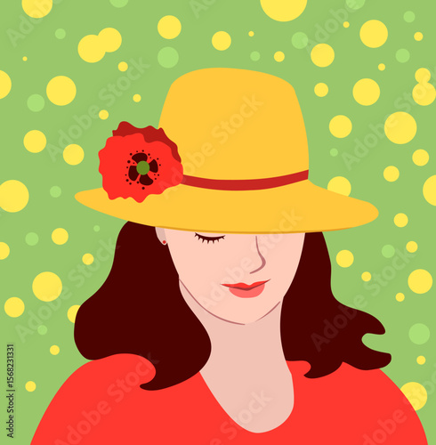 A beautiful woman in a yellow hat decorated with a poppy flower. On a green background. Vector illustration.