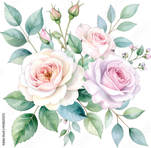 Romantic watercolor roses with soft greenery accents. Light pink and purple roses with vibrant green leaves. Pastel floral with pink roses and greenery. roses with delicate pink and lavender hues