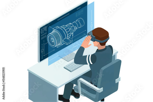 Engineer wearing vr headset interacting with a complex 3d engine blueprint on a futuristic holographic display isolated on white background