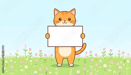 Orange cat holds blank sign in a field