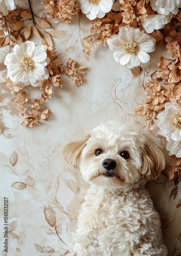 Cream dog amidst beige floral backdrop