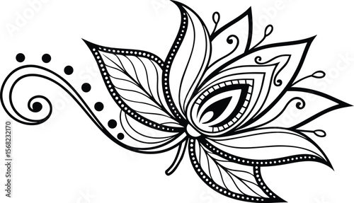 Intricate black floral design with swirling tendrils and dotted borders white