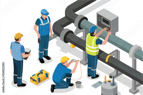 Four industrial workers in hard hats and safety vests performing maintenance and checks on large pipes and control panel isolated on white background