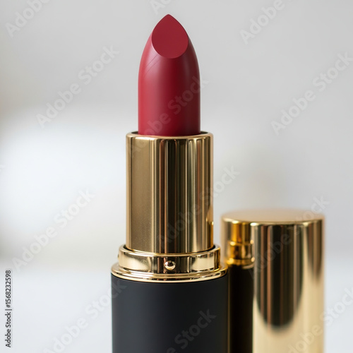 Realistic 3D Render of Red Lipstick in Gold Tube on Minimalist Background