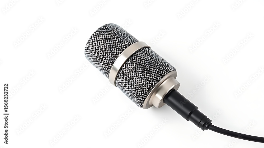 Obraz premium Professional microphone with detailed metal grille on a clean white surface under studio lighting.