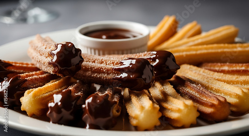 Delicious churros with chocolate sauce recipe traditional spanish dessert sweet treat food photography