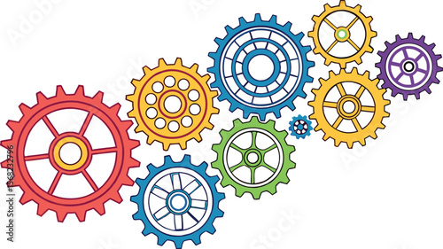 Interlocking gears in vibrant colors mechanical machinery