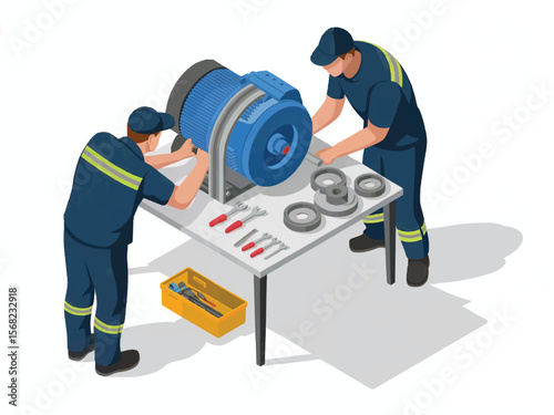Two skilled mechanics in blue uniforms and caps work together assembling a large blue industrial electric motor on a table with tools isolated on white background