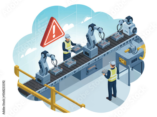 Automated production line with robotic arms and human workers overseeing the process featuring a warning sign isolated on white background