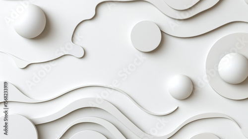 Abstract white background with layered organic shapes and smooth round forms creating modern minimalist design with soft shadows and flowing curves for artistic expression