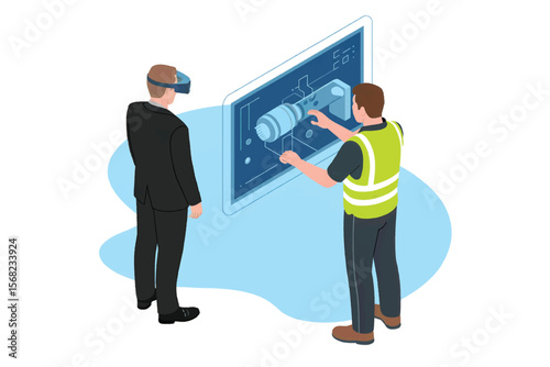 Two professionals collaborating on a virtual reality engineering project displaying a 3d mechanical component blueprint isolated on white background