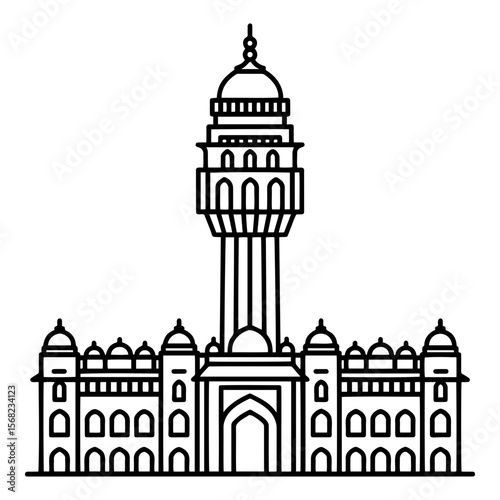 Minimalist illustration of an Indian palace with a tall tower and intricate architectural details.