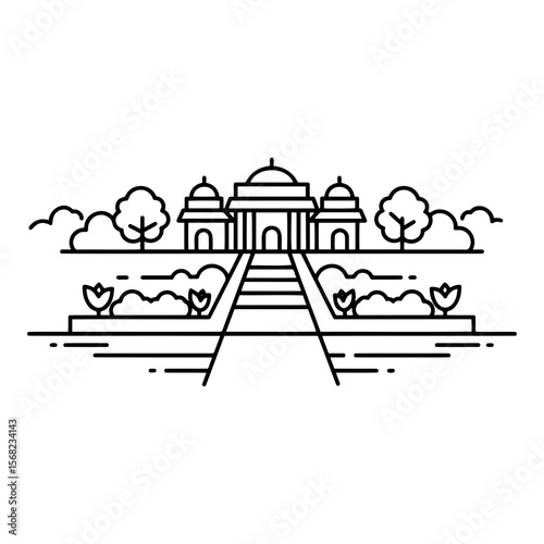 Minimalist illustration of Cubbon Park entrance with gardens, pathways, and traditional architecture