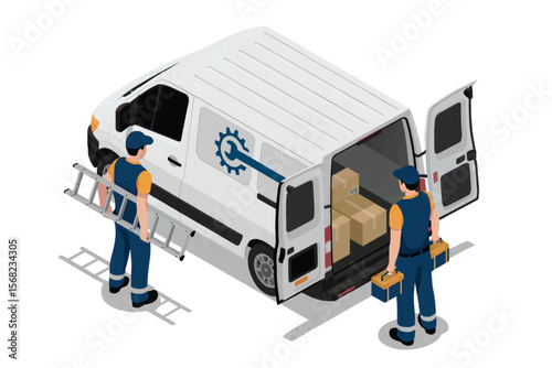 Two service technicians with a ladder and toolbox unloading packages from a white delivery van with a wrench logo isolated on white background