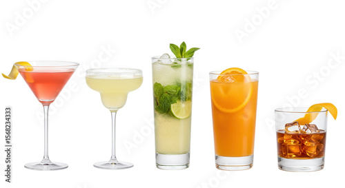 A selection of five colorful cocktails isolated on transparent background