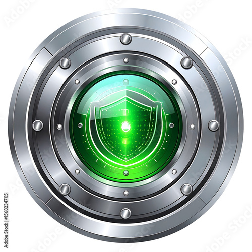Metallic shield graphic with glowing green center