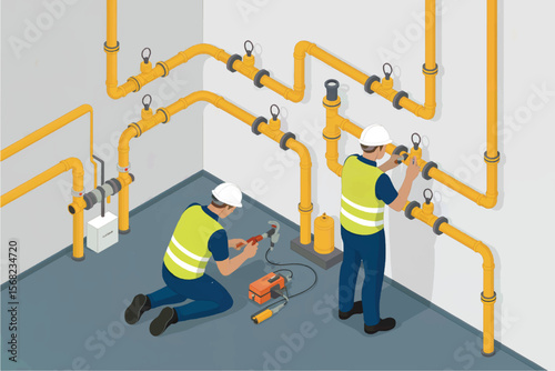 Two workers in safety vests and hard hats are inspecting and working on a complex network of yellow pipes and valves isolated on white background