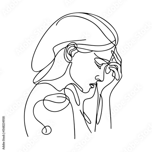 A woman in a beret with a sorrowful mood with her head in her hands
