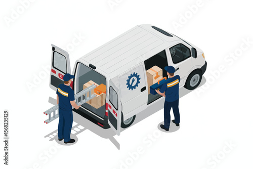 Two service workers in uniform loading and unloading equipment and packages from a white delivery van isolated on white background
