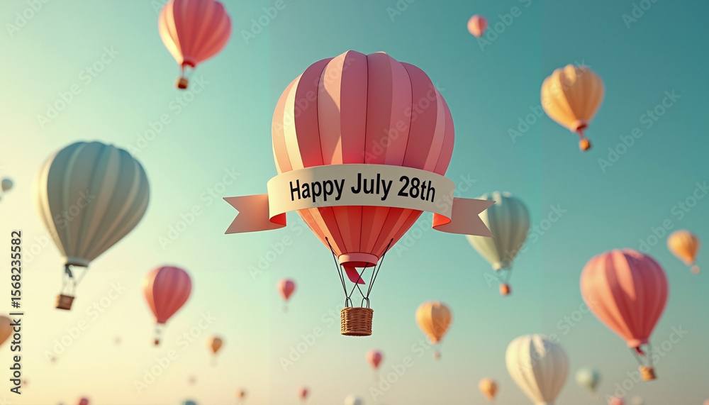 Fototapeta premium Colorful hot air balloons floating in the sky with Happy July 28th banner for celebration