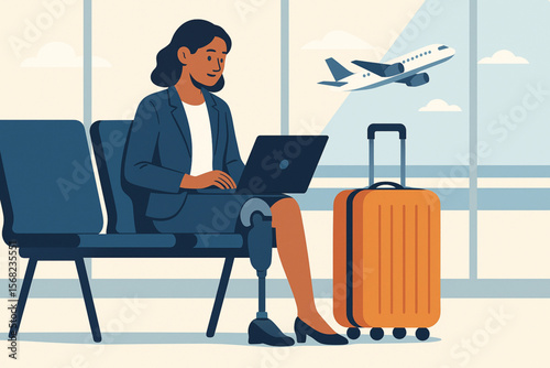 Flat vector illustration of professional woman with prosthetic leg working on laptop in airport terminal