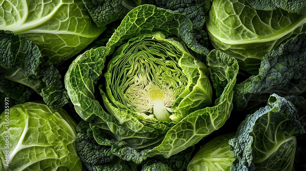 Obraz premium Cross-section reveals intricate layers and textures of fresh cabbage under dramatic lighting