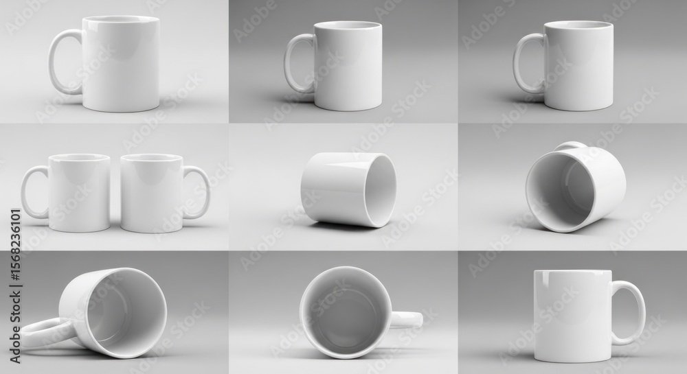 Collection of white ceramic mugs from different angles. Blank cup mockup set for design presentation on a gray background. Collection of white ceramic mugs from different angles. Blank cup mockup set for design presentation on a gray background.